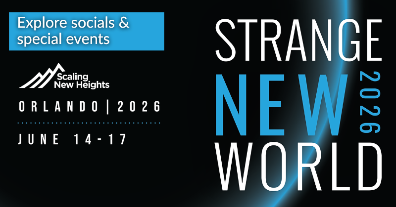 Promotional graphic for Scaling New Heights 2026 in Orlando, June 14–17, featuring the theme “Explore socials & special events” and large text reading “Strange New World 2026.”