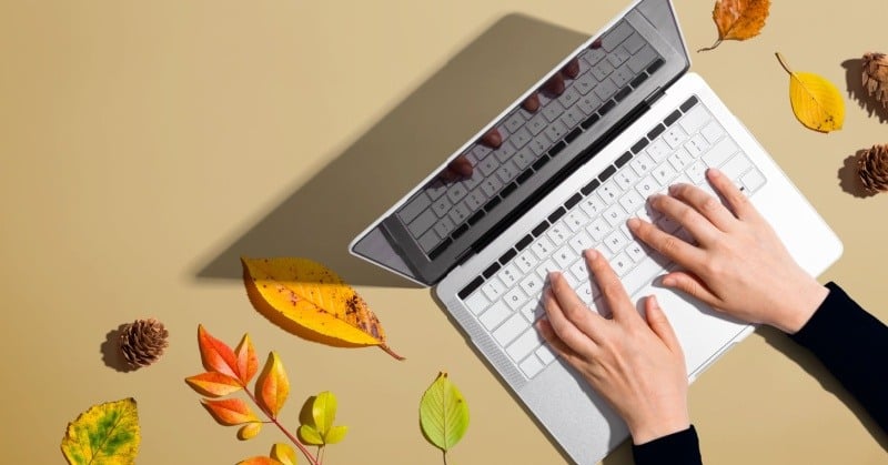 Fall leaves next to a person typing on a computer representing the celebration of thanksgiving 