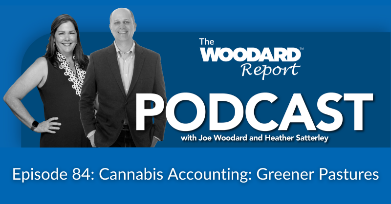 Blue background with text The Woodard Report Podcast Cannabis Accounting Greener Pastures black and white pictures of Heather Satterley and Joe Woodard