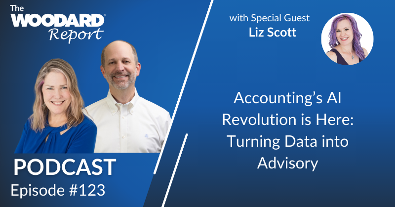Podcast cover image for The Woodard Report Episode 123 featuring hosts Heather Satterley and Joe Woodard, with special guest Liz Scott. Title text reads: “Accounting’s AI Revolution is Here.”