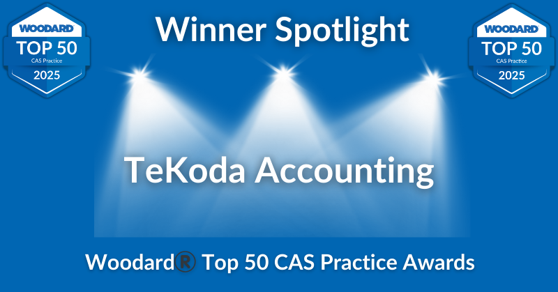 Graphic highlighting TeKoda Accounting as a 2025 winner in the Woodard® Top 50 CAS Practice Awards.