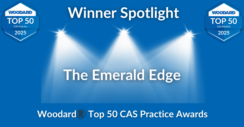 Spotlight graphic highlighting The Emerald Edge as a 2025 winner of the Woodard® Top 50 CAS Practice Awards, with stage lights and award badges.