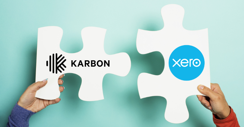 Two large puzzle pieces are held by separate hands against a teal background. One piece features the Karbon logo, and the other features the Xero logo, symbolizing a partnership or integration between the two companies.