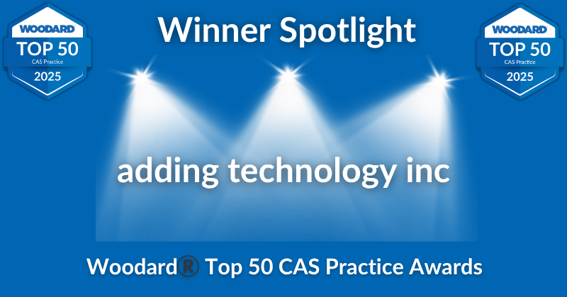 Blue spotlight graphic showing 'Winner Spotlight' for adding technology recognized in the 2025 Woodard Top 50 CAS Practice Awards.