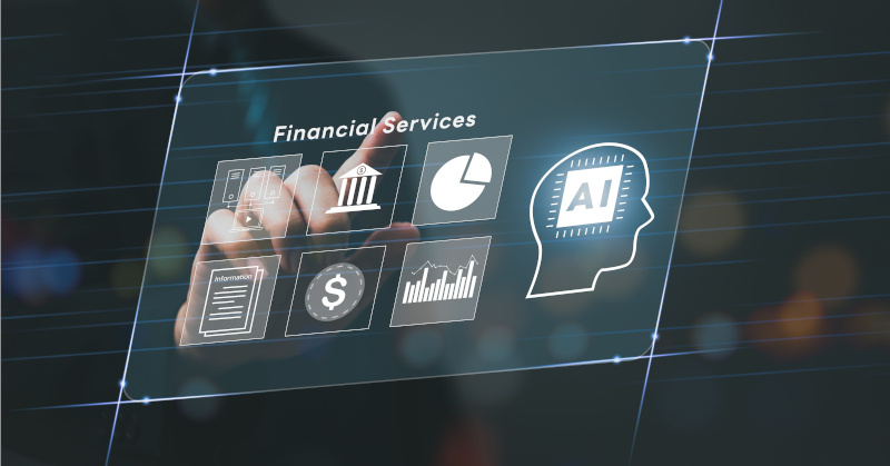 Accounting AI screen financial icons human hand pointing to text that says financial services