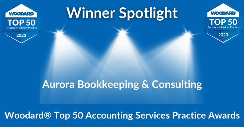 Aurora Bookkeeping and Consulting Top 50 Accounting Services Practice Winner blue background white text spotlight graphics in background