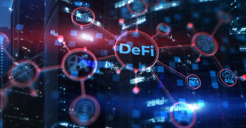 blue background with light blue and pink hologram circles with lines connecting them the words "DeFi" in the focus of the image inside larger pink circle