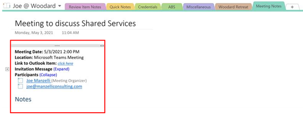 OneNote pulls information from Outlook to create the beginning of the note and includes important information about the meeting