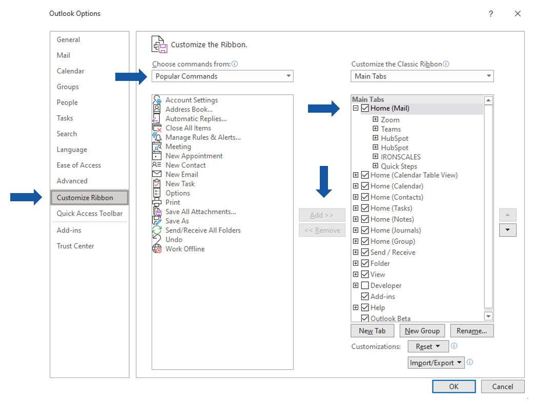 Instructions to customize ribbon