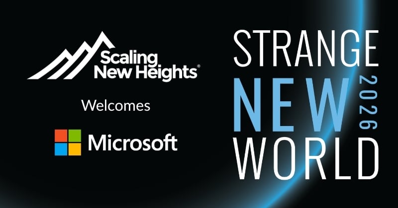 Scaling New Heights logo and strange new world theme welcoming Microsoft as sponsor of conference with a black background.