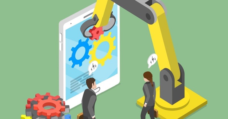 illustration of a tablet with blue and yellow gears on screen two human figures one male one female wearing grey suits holding briefcases standing in front of tablet next to yellow front-loader vehicle