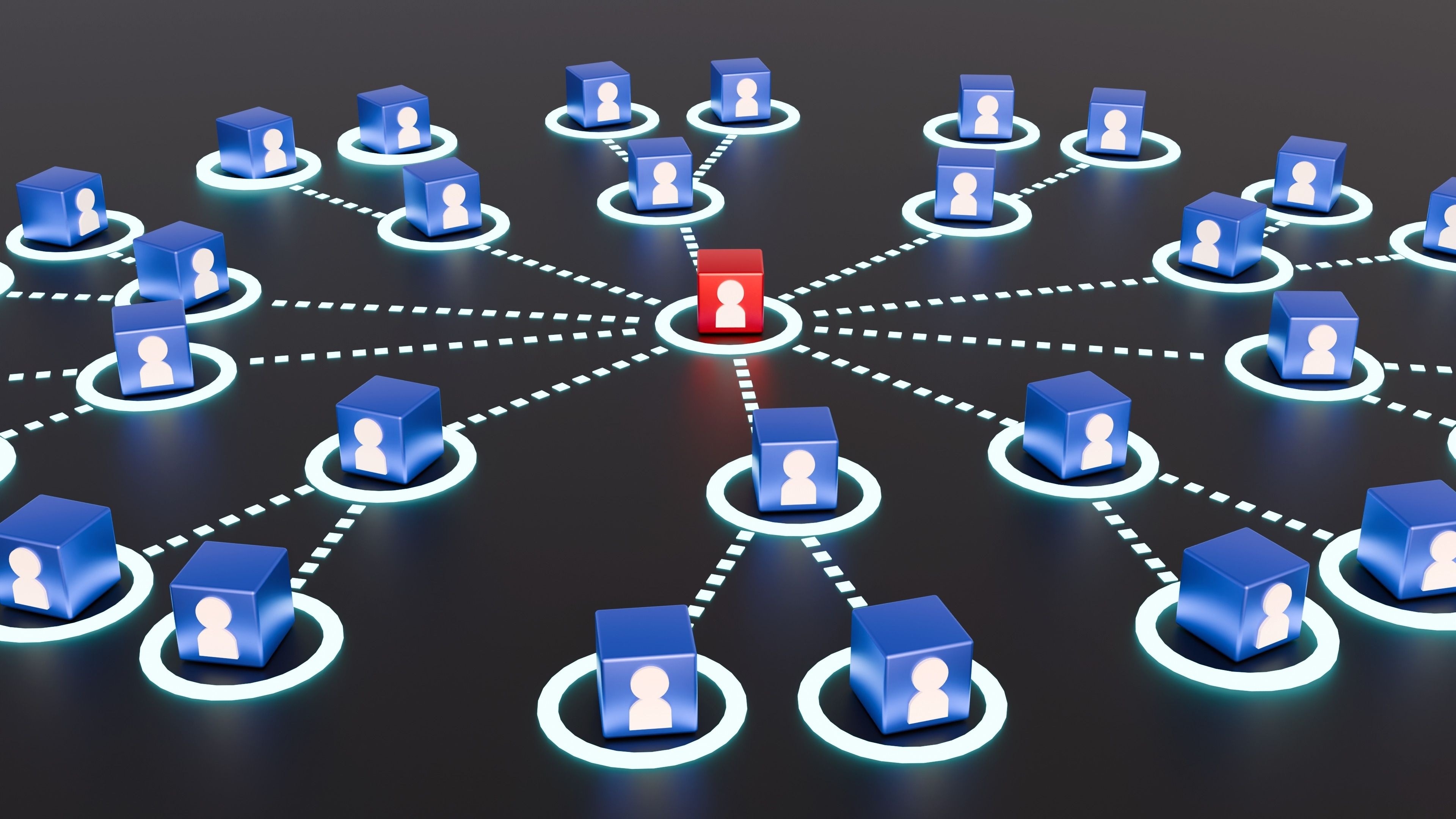 referral network blue cubes with white figure icons in white circles on a dark surface interconnected all leading to a red cube in the middle networking