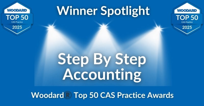 Graphic image announcing Step By Step Accounting as a Winner Spotlight in the Woodard® Top 50 CAS Practice Awards for 2025. The image features three spotlights shining on the firm's name, with two Woodard Top 50 CAS Practice 2025 badges on either side, all set against a blue background.
