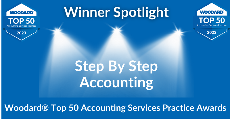 step by step accounting white text blue logo Woodard Top 50 CAS Award 2023 2024