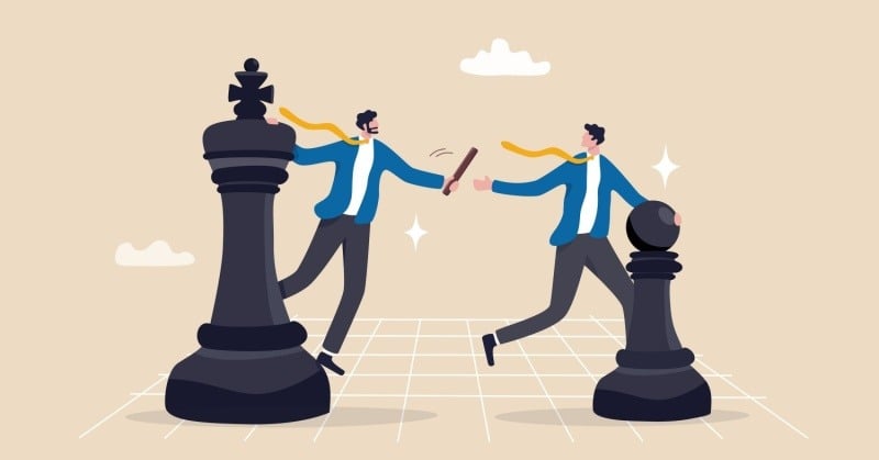 Illustration depicting colleagues passing the baton while standing on chess pieces